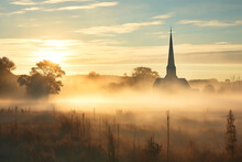 Majestic Steeple: Backlit Spire Emerging From Morning Mist