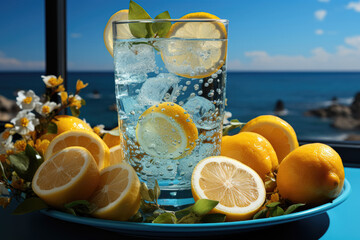 Canvas Print - A display of refreshing isotonic drinks against a blue background, garnished with a slice of lemon. Generative Ai.