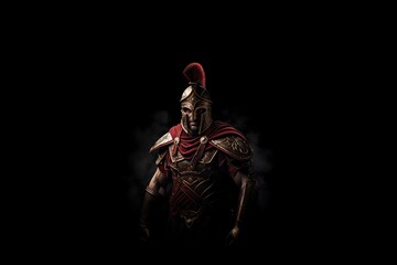 Roman legionary soldier in red armor and helmet over black background.