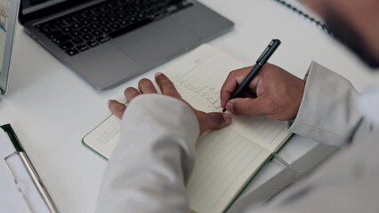 Poster - Writing, idea and hands of business person in office for schedule, research and administration. Proposal, information and strategy with closeup of employee and notebook for solution and planning