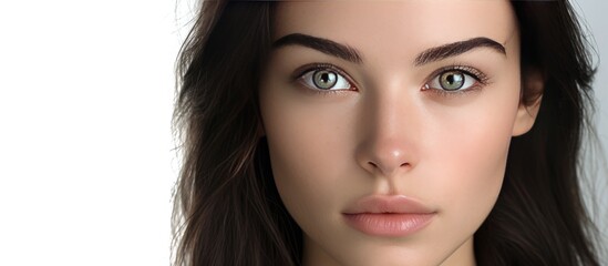 Poster - close up of a beautiful caucasian woman with dark hair looking at the camera white background with c