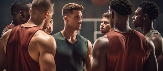 Wall Mural - Male basketball players of various backgrounds discussing game strategy with coach in gym blank area Sports unity and lifestyle unchanged