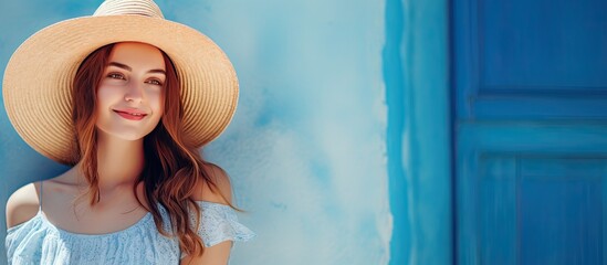 Poster - A woman in a summer dress holds a straw hat and smiles at the camera against a blue city wall with summer sun rays