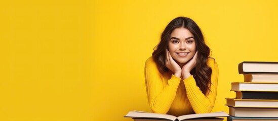 Poster - Bookish female student posing alone against yellow backdrop with room to add text