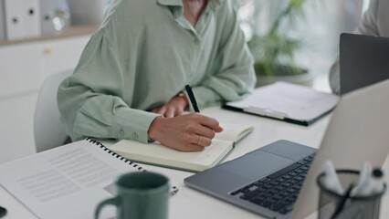 Poster - Writing, schedule and hands of business person in office for planning, research and administration. Proposal, information and strategy with closeup of employee and notebook for solution and idea