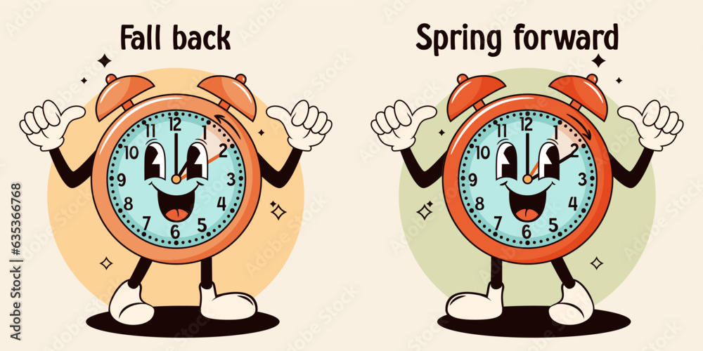 Daylight saving time, fall back and spring forward illustration. Vector ...