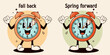 Daylight saving time, fall back and spring forward illustration. Vector illustration.
