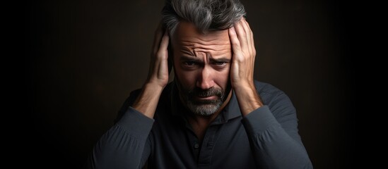 Poster - Middle aged man feeling stressed and scared hands on head Concept