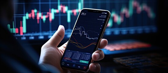 Poster - Person using smartphone to trade online with financial chart deciding to make money