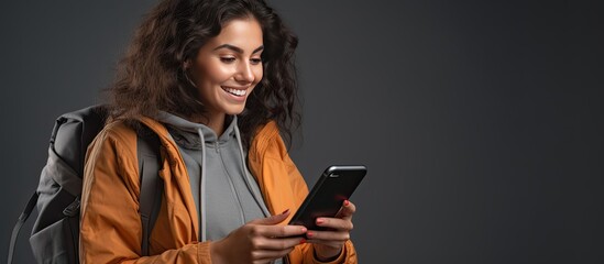 Poster - Smiling young Hispanic woman with backpack using mobile phone isolated on gray background with copy space