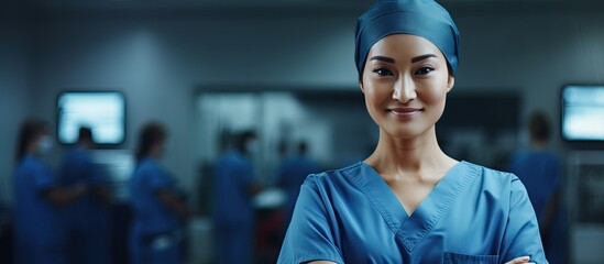 Wall Mural - Female Thai surgeon in blue uniform with stethoscope standing smartly in operating room smiling at the camera with a friendly demeanor with copy space ava