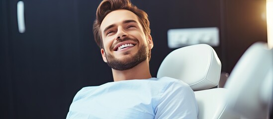 Sticker - Young man receiving dental care with copy space for background