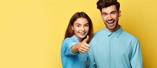 Two enthusiastic friends in casual attire isolated in front of a yellow backdrop display approval by pointing and showing thumbs up