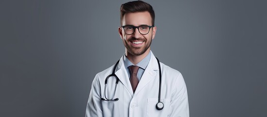 Sticker - Male doctor wearing glasses and white coat smiles at camera on isolated white background room for text health