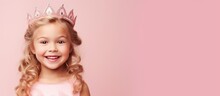 Smiling Girl In Princess Dress Posing With Birthday Banner In Studio