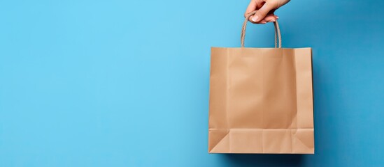 Aufkleber - Female hand holding brown paper bag with food products isolated on blue wall background Delivery service concept Mock up for advertising