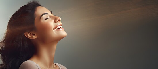 Poster - Excited young woman smiling and calling to copy space