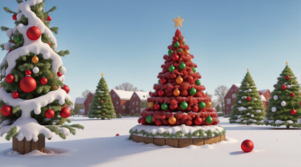Wall Mural - A festive holiday scene with a snow-covered landscape, a bright red and green Christmas tree