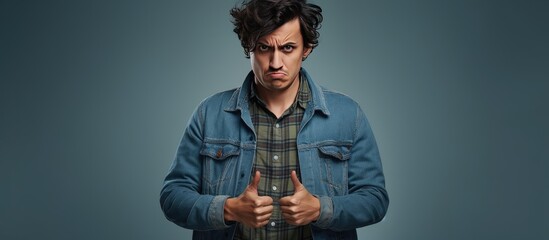 Aufkleber - Displeased young American man wearing denim jacket on blue background with room for text