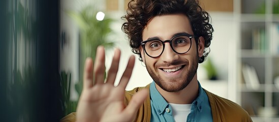 Young Middle Eastern man with glasses waving at camera during online meeting in modern office room for text