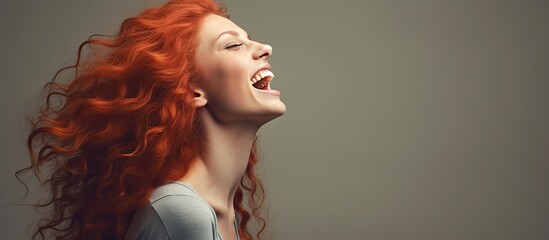 Poster - Excited red haired woman screaming and reaching towards empty space