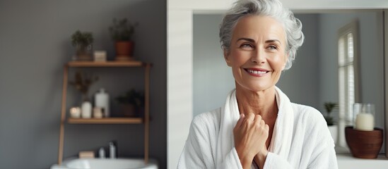 Wall Mural - Senior woman enjoying self care routine in bathroom touching face and smiling to camera