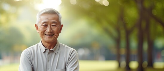 Wall Mural - Asian elderly man smiling in park Korean pensioner standing with arms crossed outdoors