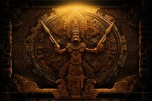 Goddess Durga Face In Hindu Temple, 3D Rendering, Mayan Deity Mayan, Depicted With A Powerful Ceremonial Axe In One Hand And A Divine Symbol In The Other, AI Generated