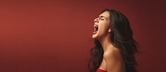 Poster - Angry young woman hand by mouth shouting near blank area