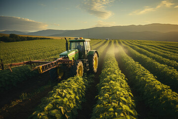 Sticker - A farmer on a tractor spraying a soybean field at sunset, captured from a drone's perspective. Generative Ai.