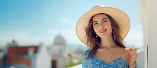 Poster - A woman in a summer dress holds a straw hat and smiles at the camera against a blue city wall with summer sun rays
