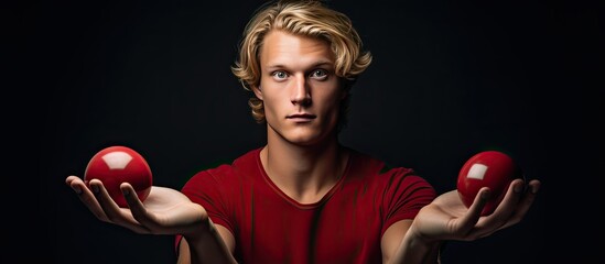 Poster - Blonde adult man holding an object displaying it for advertising