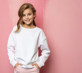 Wall Mural - Photo of a teen girl wearing a blank white sweatshirt standing in front of pink wall, apparel mock-up, teenager model