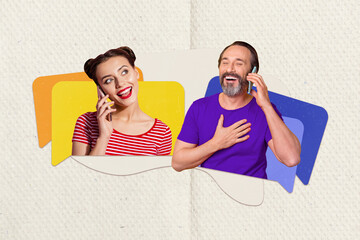 Poster - Picture collage of funny two friends call each other communicating speaking laughter new instagram threads isolated on beige background