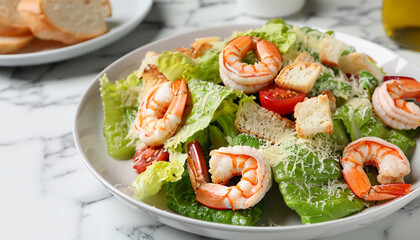 Wall Mural - Delicious Caesar salad with shrimps on white marble table, closeup