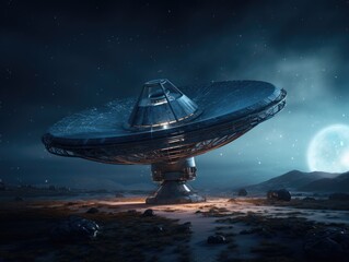 Wall Mural - a satellite dish in the middle of a desert with a full moon in the background. generative ai.