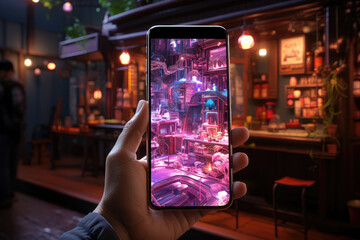 Aufkleber - a person using a smartphone to view augmented reality content, demonstrating the blending of virtual