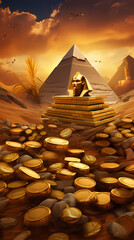 Wall Mural - Illustration for casino slot games. Egyptian mythology. Anubis. Golden coins, purple background.