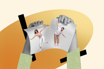 Canvas Print - Picture collage image of human hands breaking paper placard split up divorce family crisis problem isolated on painted background