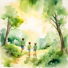 Wall Mural - Three boy friends or brothers walk barefoot on a natural path in the forest towards bright sun and clouds.  Made with Generative AI