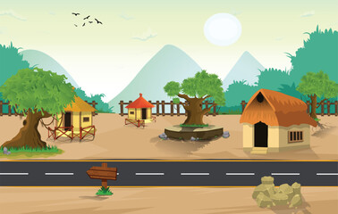 Lovely nature landscape village evening illustration, with stylish flat design, road, trees, banner and sand field cartoon background