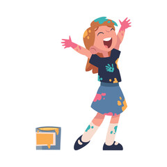 Sticker - Happy Girl in Color Paints with Stains on Clothes Having Fun Vector Illustration