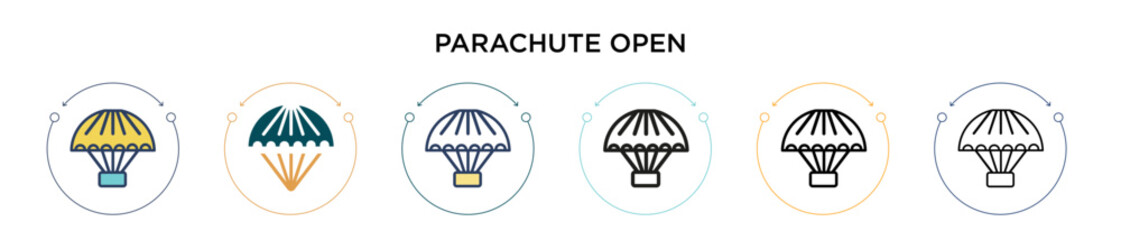 Parachute open icon in filled, thin line, outline and stroke style. Vector illustration of two colored and black parachute open vector icons designs can be used for mobile, ui, web