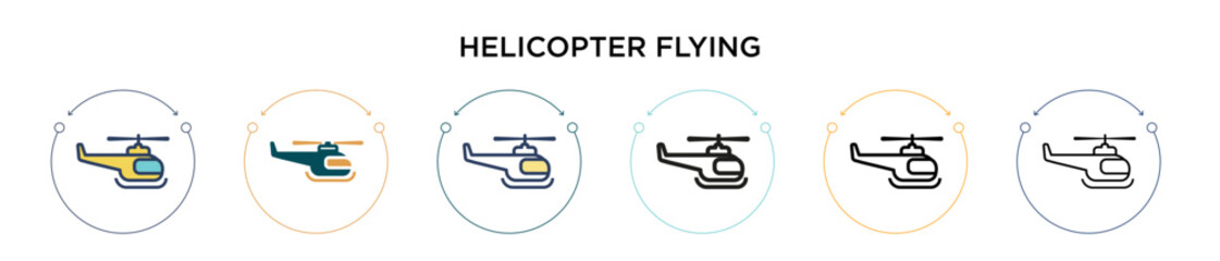 Helicopter flying icon in filled, thin line, outline and stroke style. Vector illustration of two colored and black helicopter flying vector icons designs can be used for mobile, ui, web