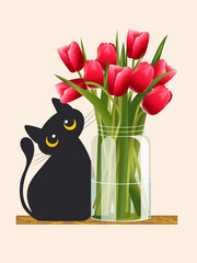 Wall Mural - Black cute cat sits, looks at red tulips in a glass vase and plans to play. Flowers with an animal isolated on a vertical pink background. 