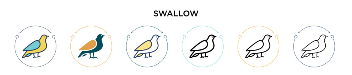 Swallow icon in filled, thin line, outline and stroke style. Vector illustration of two colored and black swallow vector icons designs can be used for mobile, ui, web