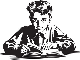 Vintage boy is doing his homework, boy reads books, boy studies at school, Vector Illustration, SVG