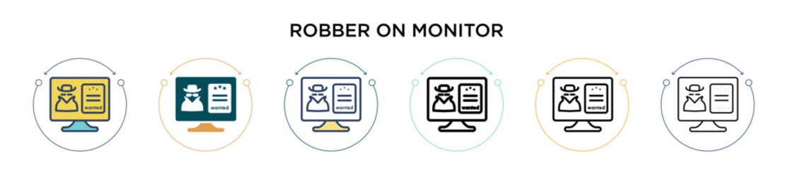 Poster - Robber on monitor icon in filled, thin line, outline and stroke style. Vector illustration of two colored and black robber on monitor vector icons designs can be used for mobile, ui, web