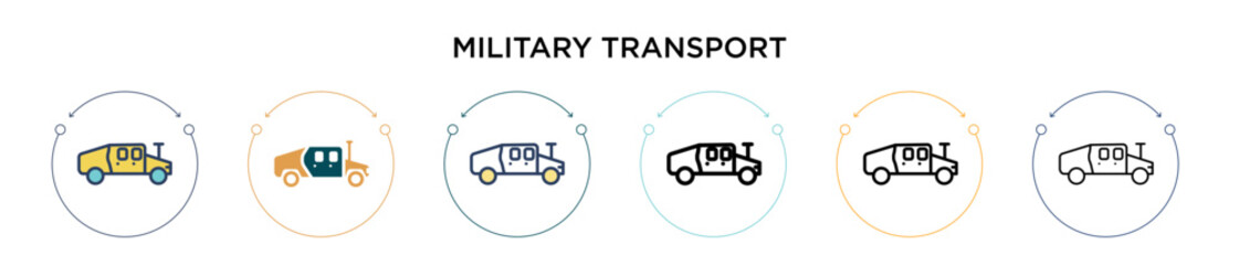 Military transport icon in filled, thin line, outline and stroke style. Vector illustration of two colored and black military transport vector icons designs can be used for mobile, ui, web