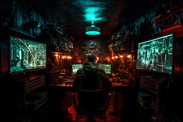 hacker sitting at the computer, cyber security and anti-spyware concept 